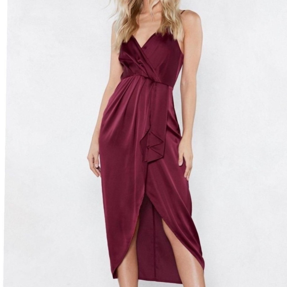 Nasty Gal Wine Satin Midi Wrap Dress